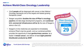 7
Fourth Quarter 2023 Earnings
Achieve World-Class Oncology Leadership
• 1 in 3 people will be diagnosed with cancer in their lifetime.1
Oncology represents one of the largest and fastest growing
therapeutic areas2
• Seagen acquisition doubles the size of Pfizer’s oncology
pipeline and late-stage development programs, and combined
U.S. commercial infrastructure will be 3x the size of Seagen’s
alone in the U.S.
• Seagen's in-line medicines are expected to immediately
enhance Pfizer's top-line growth, and our combined portfolio
provides the opportunity to lead genitourinary cancers, be a
leader in breast cancer, and deliver at least eight potential
blockbuster products by 20303
Pfizer Oncology
Innovation Day
29
February
1. "Lifetime Risk of Developing or Dying From Cancer." American Cancer Society, www.cancer.org/cancer/risk-prevention/understanding-cancer-risk/lifetime-
probability-of-developing-or-dying-from-cancer.html. Accessed 24 January 2024. 2. "Evaluate Forecasts Global Pharmaceutical market to be worth $1.6tn in
2028" Evaluate, https://www.evaluate.com/about/press-releases/evaluate-forecasts-global-pharmaceutical-market-be-worth-16tn-2028. Accessed 25 January
2024. 3. Includes both marketed products and pipeline assets, with potential blockbuster defined as potential to reach at least $1B in peak year sales (non-risk-
adjusted).
 