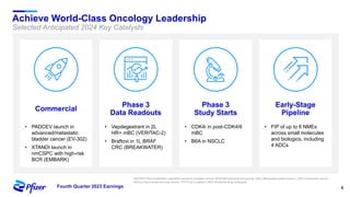 8
Fourth Quarter 2023 Earnings
Achieve World-Class Oncology Leadership
Selected Anticipated 2024 Key Catalysts
Commercial
Phase 3
Data Readouts
• PADCEV launch in
advanced/metastatic
bladder cancer (EV-302)
• XTANDI launch in
nmCSPC with high-risk
BCR (EMBARK)
• Vepdegestrant in 2L
HR+ mBC (VERITAC-2)
• Braftovi in 1L BRAF
CRC (BREAKWATER)
Phase 3
Study Starts
• CDK4i in post-CDK4/6
mBC
• B6A in NSCLC
Early-Stage
Pipeline
• FIP of up to 8 NMEs
across small molecules
and biologics, including
4 ADCs
nmCSPC=Non-metastatic castration sensitive prostate cancer; BCR=Biochemical recurrence; mBC=Metastatic breast cancer; CRC=Colorectal cancer;
NSCLC=Non-small cell lung cancer; FIP=First in patient; ADC=Antibody-drug conjugate
 