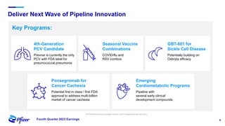 9
Fourth Quarter 2023 Earnings
Deliver Next Wave of Pipeline Innovation
Key Programs:
4th-Generation
PCV Candidate
Prevnar is currently the only
PCV with FDA label for
pneumococcal pneumonia
Ponsegromab for
Cancer Cachexia
Potential first in class / first FDA
approval to address multi-billion
market of cancer cachexia
Emerging
Cardiometabolic Programs
Pipeline with
several early clinical
development compounds
Seasonal Vaccine
Combinations
COVID/flu and
RSV combos
GBT-601 for
Sickle Cell Disease
Potentially building on
Oxbryta efficacy
PCV=Pneumococcal conjugate vaccine; RSV= Respiratory syncytial virus
 