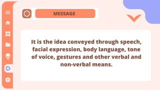 MESSAGE
It is the idea conveyed through speech,
facial expression, body language, tone
of voice, gestures and other verbal and
non-verbal means.
 
