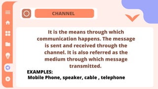 CHANNEL
It is the means through which
communication happens. The message
is sent and received through the
channel. It is also referred as the
medium through which message
transmitted.
EXAMPLES:
Mobile Phone, speaker, cable , telephone
 