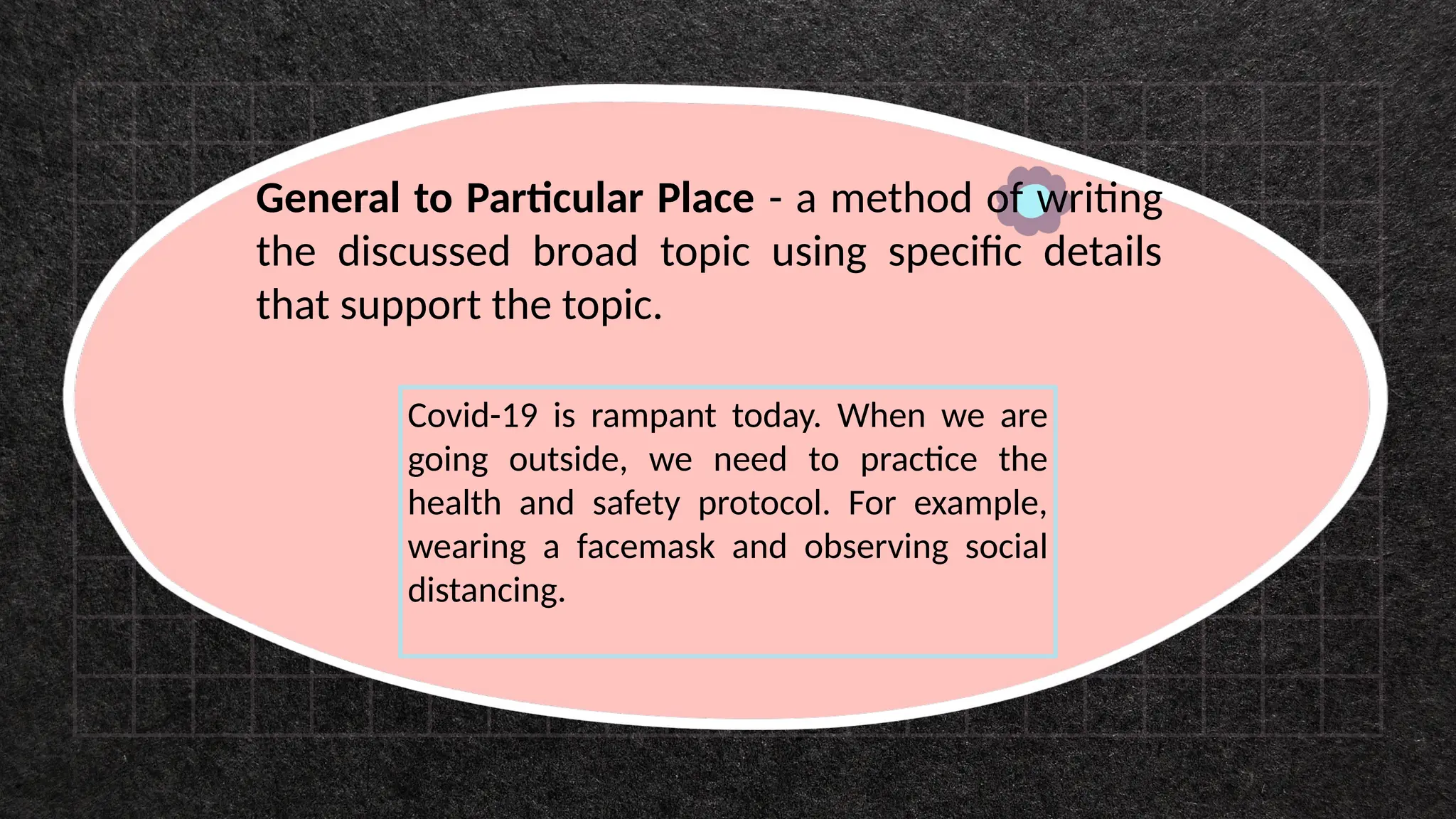 General to Particular Place - a method of writing
the discussed broad topic using specific details
that support the topic.
Covid-19 is rampant today. When we are
going outside, we need to practice the
health and safety protocol. For example,
wearing a facemask and observing social
distancing.
 