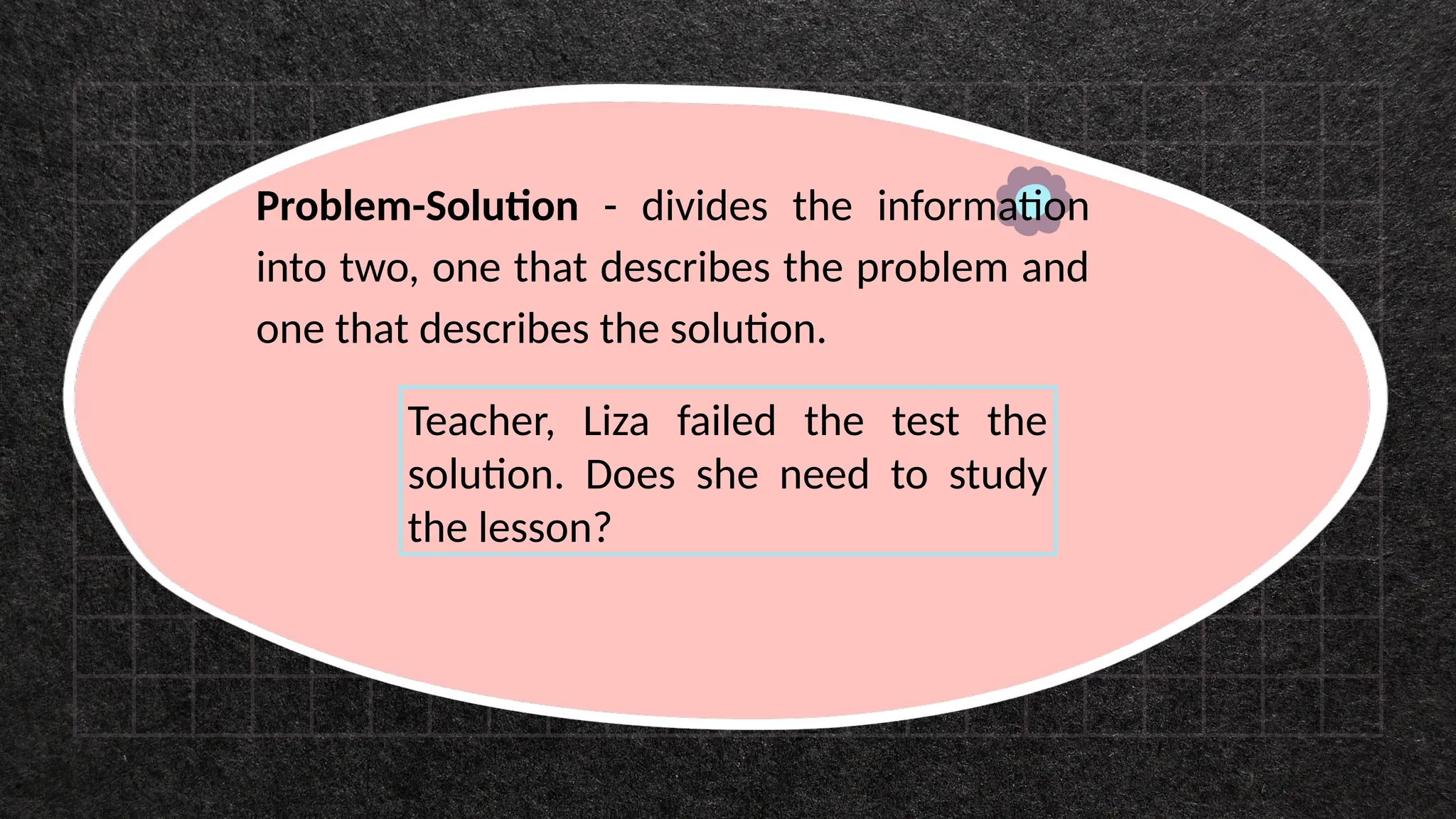 Problem-Solution - divides the information
into two, one that describes the problem and
one that describes the solution.
Teacher, Liza failed the test the
solution. Does she need to study
the lesson?
 