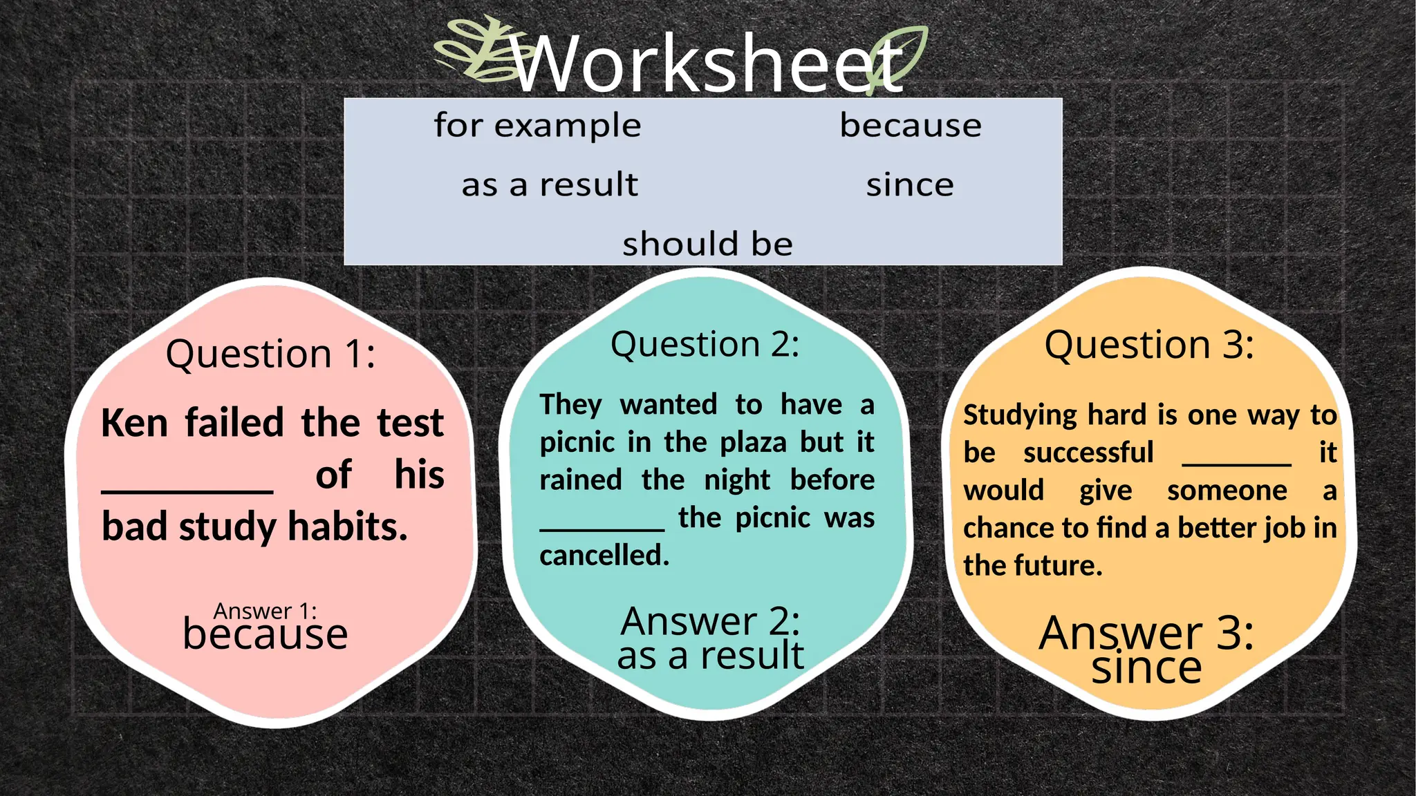Worksheet
Answer 1:
because Answer 2:
as a result Answer 3:
since
Question 1: Question 2: Question 3:
Ken failed the test
________ of his
bad study habits.
They wanted to have a
picnic in the plaza but it
rained the night before
________ the picnic was
cancelled.
Studying hard is one way to
be successful _______ it
would give someone a
chance to find a better job in
the future.
 
