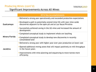 Producing Mines (cont’d)
Significant Improvements Across All Mines
14
2016 Key Accomplishments
Gualcamayo
 Delivered a strong year operationally and exceeded production expectations
 Developed a path to potentially extend mine life with near mine oxide
discoveries adjacent to the open pit and at Las Vacas/Pirrotina
 Successfully achieved caving in the UG mine and increased the amount of
development
Minera Florida
 Completed conceptual study to implement whole ore leaching
 Completed conceptual study to develop new discoveries in recently
consolidated land
Jacobina
 Delivered a strong year with higher year-over-year production at lower cost
 Opened additional mining zones that will impact positively on mill throughput
in the future years
 Improvements with mine planning and sequencing to move tonnes more
efficiently
 