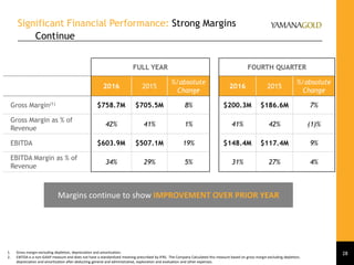 Significant Financial Performance: Strong Margins
Continue
FULL YEAR FOURTH QUARTER
2016 2015
%/absolute
Change
2016 2015
%/absolute
Change
Gross Margin(1) $758.7M $705.5M 8% $200.3M $186.6M 7%
Gross Margin as % of
Revenue
42% 41% 1% 41% 42% (1)%
EBITDA $603.9M $507.1M 19% $148.4M $117.4M 9%
EBITDA Margin as % of
Revenue
34% 29% 5% 31% 27% 4%
1. Gross margin excluding depletion, depreciation and amortization.
2. EBITDA is a non-GAAP measure and does not have a standardized meaning prescribed by IFRS. The Company Calculated this measure based on gross margin excluding depletion,
depreciation and amortization after deducting general and administrative, exploration and evaluation and other expenses.
Margins continue to show IMPROVEMENT OVER PRIOR YEAR
28
 