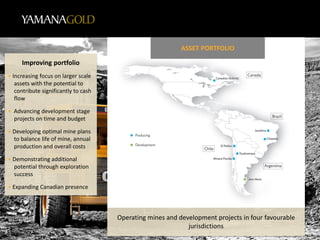 Annual Meeting 2016
Improving portfolio
• Increasing focus on larger scale
assets with the potential to
contribute significantly to cash
flow
• Advancing development stage
projects on time and budget
• Developing optimal mine plans
to balance life of mine, annual
production and overall costs
• Demonstrating additional
potential through exploration
success
• Expanding Canadian presence
Operating mines and development projects in four favourable
jurisdictions
ASSET PORTFOLIO
 