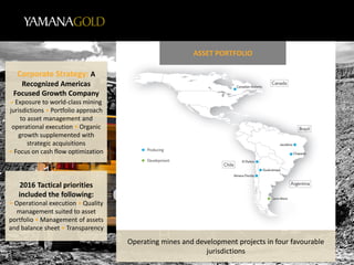 Annual Meeting 2016
Corporate Strategy: A
Recognized Americas
Focused Growth Company
• Exposure to world-class mining
jurisdictions • Portfolio approach
to asset management and
operational execution • Organic
growth supplemented with
strategic acquisitions
• Focus on cash flow optimization
2016 Tactical priorities
included the following:
• Operational execution • Quality
management suited to asset
portfolio • Management of assets
and balance sheet • Transparency
Operating mines and development projects in four favourable
jurisdictions
ASSET PORTFOLIO
 