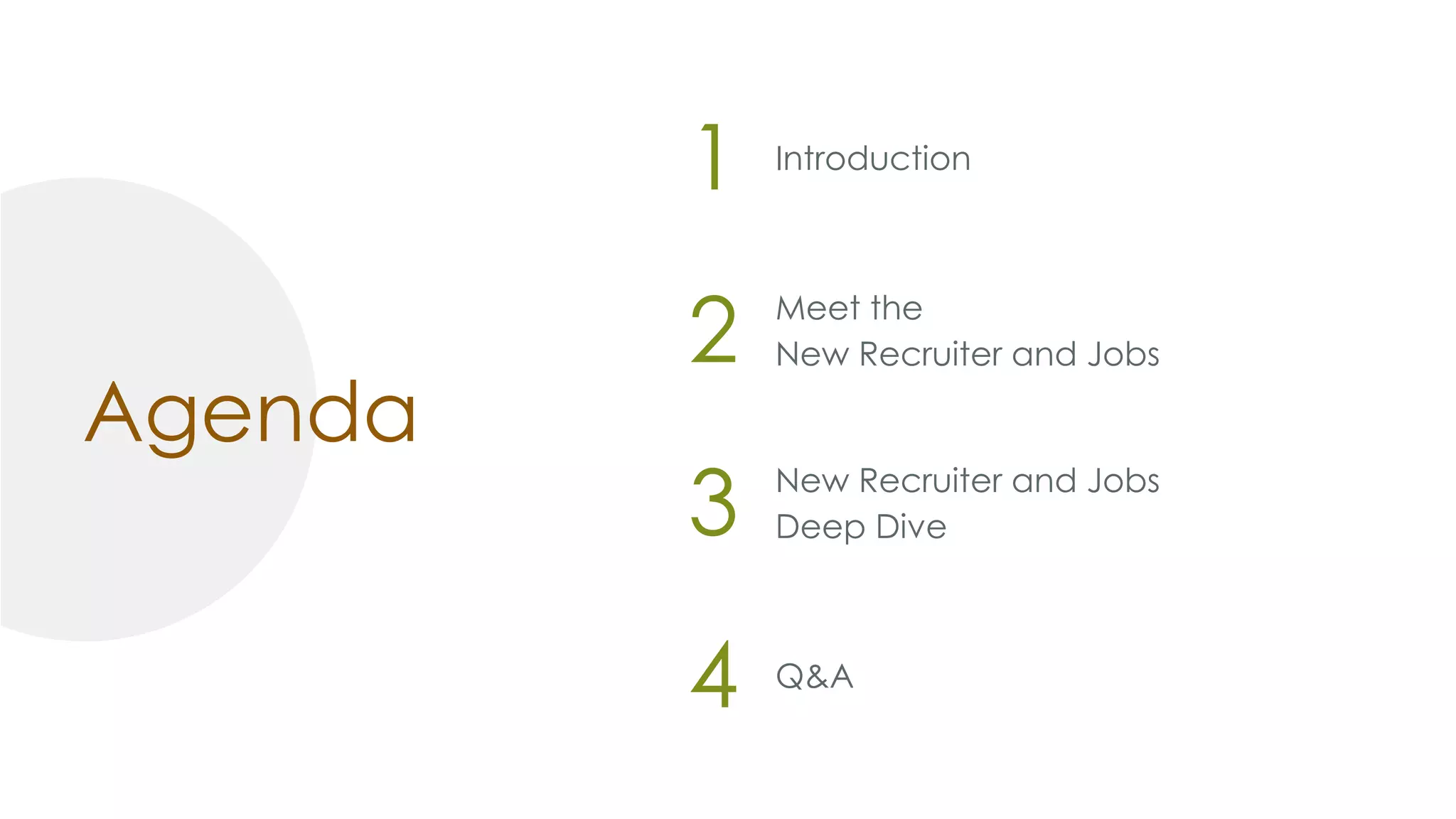 1 Introduction
Agenda
2 Meet the
New Recruiter and Jobs
3 New Recruiter and Jobs
Deep Dive
4 Q&A
 