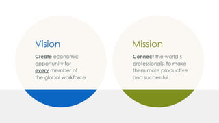 Vision
Create economic
opportunity for
every member of
the global workforce
Mission
Connect the world’s
professionals, to make
them more productive
and successful.
 