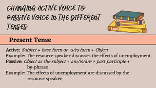 Present Tense
Active: Subject + base form or -s/es form + Object
Example: The resource speaker discusses the effects of unemployment.
Passive: Object as the subject + am/is/are + past participle +
by-phrase
Example: The effects of unemployment are discussed by the
resource speaker.
 