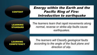Energy within the Earth and the
Pacific Ring of Fire:
Introduction to earthquake
CONTENT
The learners learn that rapid movements along
normal, reverse or strike-slip faults cause
earthquakes.
LEARNING
STANDARD
The learners will Classify geological faults
according to the angle of the fault plane and
direction of slip.
LEARNING
COMPETENCY
 