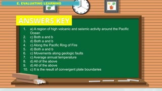 E. EVALUATING LEARNING
E. EVALUATING LEARNING
E. EVALUATING LEARNING
1. a) A region of high volcanic and seismic activity around the Pacific
Ocean
2. c) Both a and b
3. d) Both a and b
4. c) Along the Pacific Ring of Fire
5. d) Both a and b
6. c) Movements along geologic faults
7. c) Average annual temperature
8. d) All of the above
9. d) All of the above
10. c) It is the result of convergent plate boundaries
ANSWERS KEY
 