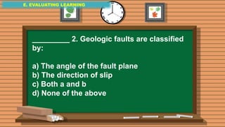 E. EVALUATING LEARNING
E. EVALUATING LEARNING
E. EVALUATING LEARNING
_________ 2. Geologic faults are classified
by:
a) The angle of the fault plane
b) The direction of slip
c) Both a and b
d) None of the above
 