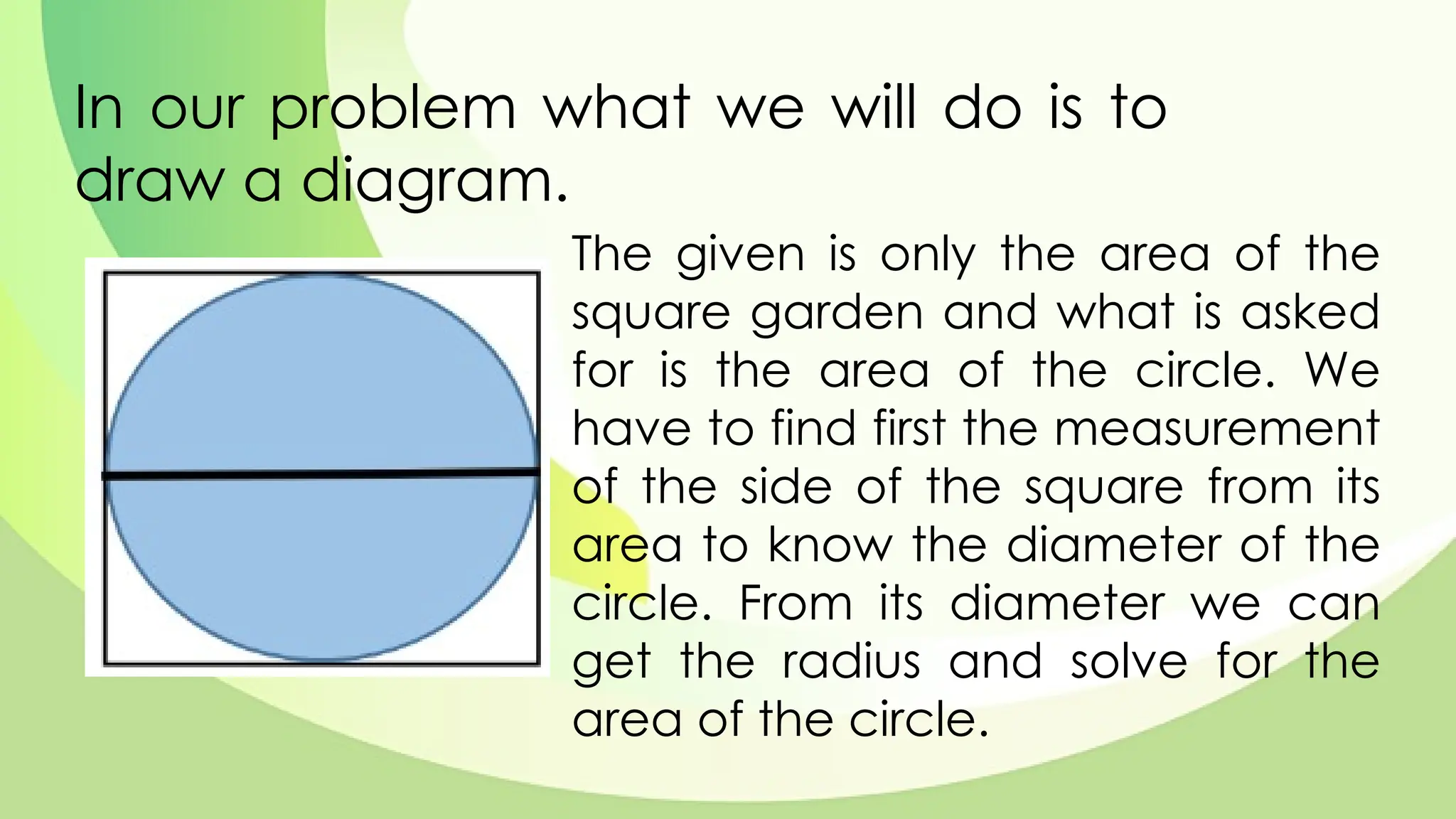 In our problem what we will do is to
draw a diagram.
The given is only the area of the
square garden and what is asked
for is the area of the circle. We
have to find first the measurement
of the side of the square from its
area to know the diameter of the
circle. From its diameter we can
get the radius and solve for the
area of the circle.
 