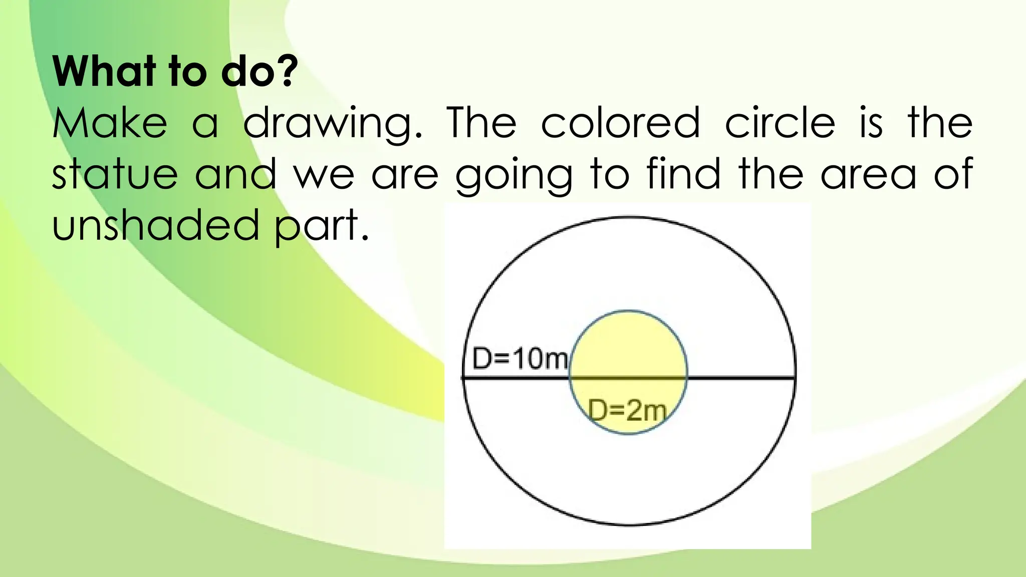 What to do?
Make a drawing. The colored circle is the
statue and we are going to find the area of
unshaded part.
 