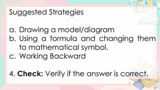 Suggested Strategies
a. Drawing a model/diagram
b. Using a formula and changing them
to mathematical symbol.
c. Working Backward
4. Check: Verify if the answer is correct.
 