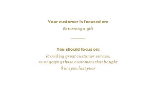 Your customer is focused on:
Returning a gift
You should focus on:
Providing great customer service,
re-engaging those cus...