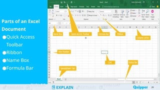 ENGAGE
EXPLOR
EXPLAIN EXTEND
EVALUAT
Parts of an Excel
Document
●Quick Access
Toolbar
●Ribbon
●Name Box
●Formula Bar
20
 
