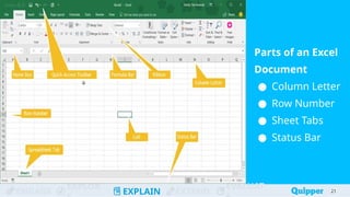 ENGAGE
EXPLOR
EXPLAIN EXTEND
EVALUAT
Parts of an Excel
Document
● Column Letter
● Row Number
● Sheet Tabs
● Status Bar
21
21
 