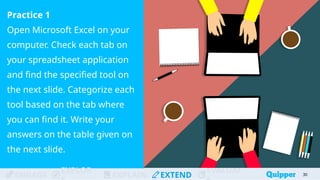 ENGAGE
EXPLOR
EXPLAIN EXTEND
EVALUAT
Practice 1
Open Microsoft Excel on your
computer. Check each tab on
your spreadsheet application
and find the specified tool on
the next slide. Categorize each
tool based on the tab where
you can find it. Write your
answers on the table given on
the next slide.
30
 