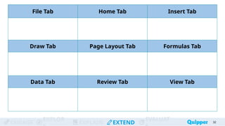 ENGAGE
EXPLOR
EXPLAIN EXTEND
EVALUAT 32
File Tab Home Tab Insert Tab
Draw Tab Page Layout Tab Formulas Tab
Data Tab Review Tab View Tab
 