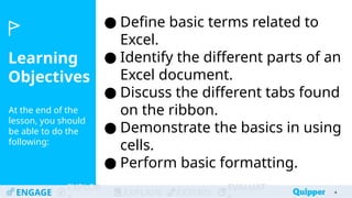 Learning
Objectives
At the end of the
lesson, you should
be able to do the
following:
ENGAGE
EXPLOR
EXPLAIN EXTEND
EVALUAT 4
● Define basic terms related to
Excel.
● Identify the different parts of an
Excel document.
● Discuss the different tabs found
on the ribbon.
● Demonstrate the basics in using
cells.
● Perform basic formatting.
4
 