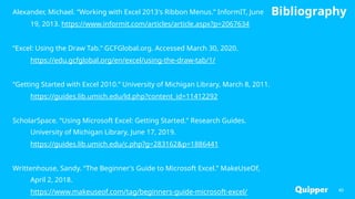 Bibliography
40
Alexander, Michael. “Working with Excel 2013's Ribbon Menus.” InformIT, June
19, 2013. https://www.informit.com/articles/article.aspx?p=2067634
“Excel: Using the Draw Tab.” GCFGlobal.org. Accessed March 30, 2020.
https://edu.gcfglobal.org/en/excel/using-the-draw-tab/1/
“Getting Started with Excel 2010.” University of Michigan Library, March 8, 2011.
https://guides.lib.umich.edu/ld.php?content_id=11412292
ScholarSpace. “Using Microsoft Excel: Getting Started.” Research Guides.
University of Michigan Library, June 17, 2019.
https://guides.lib.umich.edu/c.php?g=283162&p=1886441
Writtenhouse, Sandy. “The Beginner's Guide to Microsoft Excel.” MakeUseOf,
April 2, 2018.
https://www.makeuseof.com/tag/beginners-guide-microsoft-excel/
 