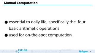 ENGAGE
EXPLOR
EXPLAIN EXTEND
EVALUAT
Manual Computation
● essential to daily life, specifically the four
basic arithmetic operations
● used for on-the-spot computation
6
 