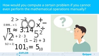 ENGAGE
EXPLOR
EXPLAIN EXTEND
EVALUAT
How would you compute a certain problem if you cannot
even perform the mathematical operations manually?
7
7
 