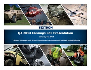 Q4 2013 Earnings Call Presentation
January 22, 2014
The data in this package should be read in conjunction with the Textron earnings release and accompanying tables.

Textron Inc. Q4 2013 Earnings Call Presentation; January 22, 2014

 