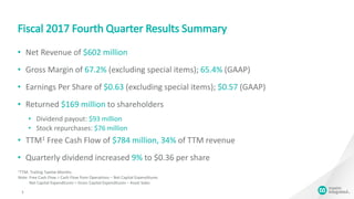 Fiscal 2017 Fourth Quarter Results Summary
• Net Revenue of $602 million
• Gross Margin of 67.2% (excluding special items); 65.4% (GAAP)
• Earnings Per Share of $0.63 (excluding special items); $0.57 (GAAP)
• Returned $169 million to shareholders
• Dividend payout: $93 million
• Stock repurchases: $76 million
• TTM1 Free Cash Flow of $784 million, 34% of TTM revenue
• Quarterly dividend increased 9% to $0.36 per share
3
1TTM: Trailing Twelve Months
Note: Free Cash Flow = Cash Flow from Operations – Net Capital Expenditures
Net Capital Expenditures = Gross Capital Expenditures – Asset Sales
 