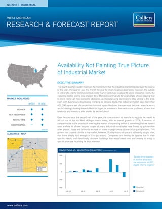 Q4 2011 | INDUSTRIAL




               WEST MICHIGAN

             RESEARCH & FORECAST REPORT




                                                                                                                                                                                                                                                                                Availability Not Painting True Picture
                                                                                                                                                                                                                                                                                of Industrial Market
                                                                                                                                                                                                                                                                                EXECUTIVE SUMMARY
                                                                                                                                                                                                                                                                                The fourth quarter couldn’t maintain the momentum that the industrial market created over the course
                                                                                                                                                                                                                                                                                of the year. The quarter was the first of the year to return negative absorption; however, the outlook
                                                                                                                                                                                                                                                                                is still bright. As the commercial real estate market continues to adjust to a new economic reality, the
                                                                                                                                                                                                                                                                                industrial sector seems less phased. West Michigan continues to be an example of how staying true
             MARKET INDICATORS                                                                                                                                                                                                                                                  to one’s roots can help overcome obstacles, as manufacturing continues to stay strong in the area.
                                                                                                                                                                                                                                                                                Even with businesses downsizing, merging, or closing doors, the industrial market saw more than
                                                                                                                                                                                         Q4 2011                                          Q1 2012*
                                                                                                                                                                                                                                                                                422,000 square feet of competitive industrial space filled over the course of the year. Manufacturers
                                                                             VACANCY
                                                                                                                                                                                                                                                                                are increasingly looking towards West Michigan for answers to their real estate problems, a trend that
                                                                                                                                                                                                                                                                                landlords and investors alike should be excited about.
                         NET ABSORPTION
                                                                                                                                                                                                                                                                                Over the course of the second half of the year, the concentration of manufacturing jobs increased in
                                       RENTAL RATE                                                                                                                                                                                                                              all but one of the six West Michigan metro areas, with an overall growth of 5.7%. A number of
                                                                                                                                                                                                                                                                                companies are in the process of entering the market or expanding within it, something that we haven’t
                                CONSTRUCTION                                                                                                                                                             —
                                                                                                                                                                                                                                                                                seen a whole lot of over the past couple of years. Industrial rental rates have firmed up quicker than
                                                                                                                                                                                                                                                               *projected       other product types and landlords are now on stable enough footing to search for quality tenants. This
                                                                                                                                                                                                                                                                                growth has created a divide in the market, however. Quality industrial space is so heavily sought after,
               SUBMARKET MAP
                                                                                                                                                                                                                                                                                that there simply isn’t enough of it to go around. Companies are looking for spaces that fit their
                    96
                                4 Mile Rd NW
                                                                                                                                            4 Mile Rd NE                                                                                                                        specific needs, and functionally obsolete buildings that would need time and money to bring to
                                                                                                                                                                                                                                                                                specification are receiving far less attention.
                                                       96

                                                                                                                                                                                                                                                            Knapp St NE
                                                                                                                                                                                                              44
                                                                                                                                                                                          96
                                 NW                                                                           131
                                                                                                                                           Knapp St NE
                                                                                                                                                                                                                        NE
                                                                                                                                                                                                                                                  Pe
                                                                                                                                                                                                                                                     ttis
                                           Leonard St NE                                                                                                      Leonard St NE                                                                                 Av
                                                                                                                                                                                                                                                              eN
                                                                                                                                                                                                                                                                   E
                                                                                                  DTWN                                                               196
               45                                 45                                        196
                                                                                                                                                                                                                   96
                                                                                                                                                                  E Fulton St                                                                   E Fulton St


                                                                                                                                                                                                                                                                                 COMPLETIONS VS. ABSORPTION | QUARTERLY (in thousands of SF)
                                                                                                                                                                                                                                  21




                                                                                                                                                              Hall St SE                                                                 Ca
                                                                                                                                                                                                                                            sca
                                                               196                                                                                                                                                      96                      de
                                                                                                                                                                                                                                                     Rd
                           11                                                                                                                                                                                      44                                     SE

                                                 Dr
                                                      SW
                                                                                                                                                                                                                                                                                  500
                                                                                                                                                                                                                                                                                                                                                                 “Despite three quarters
                                            go
                                196     ica
                                      Ch
                                                                                                  Clyde Park Ave SW




                                              28th St SW                                                                                      28th St SE                                                                 28th St SE
                                                                                         11                                                                                                              11
Baldwin St


                                 SW                                                                                                                                                                                      SE                                                                                                                                      of positive absorption,
                                                                                                                                                                                          Breton Rd SE




                                                                                                                            36th St SE

                         196
                                                                                                                                                                      Kalamazoo Ave SE
                                                                                                                          S Division Ave



                                                                                                                                             Eastern Ave SE




                                                                                  44th St SW
                                                                                                  131
                                                                                                                                                                                                         44th St SE
                                                                                                                                                                                                                                                    Gerald R. Ford
                                                                                                                                                                                                                                                                           96
                                                                                                                                                                                                                                                                                                                                                                 the last quarter of 2011
                                                                                                                                                                                                                                                                                  250
                                                            Byron Center Ave SW




                                                                                                                                                                                                                                                    International


                                                                                                                                                                                                                                                                                                                                                                 dipped into the negative”
                                                                                                                                                                                                                                                       Airport
                                  52nd St SW                                                                                                                                                                                 37
         196                                                                                                                                                                                                                                                           6


                                                                                                                                                                                                                                       Industrial Submarkets
                                                                                        6
         6                                                                                                                                                    6                                                                          NW Northwest
                                                                                                                      68th St SE
                                                                                                                                                                                                                                         NE Northeast
                                                                                                                                                                                                                                       DTWN Downtown
                                                                                                                                                                                                                                         SW Southwest
                                                                                                                                                                                                                                         SE Southeast
                                                                                                                                                                                                   76th St SE
                                                                                                                                                                                                                                                                                    0




                                                                                                                                                                                                                                                                                 -250




                                                                                                                                                                                                                                                                                 -500                                                                               Absorbed

                                                                                                                                                                                                                                                                                         4Q 09           2Q 10           4Q 10         2Q 11           4Q 11        Completed




               www.colliers.com
 