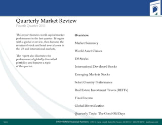 Quarterly Market Review Fourth Quarter 2011 This report features world capital market performance in the last quarter. It begins with a global overview, then features the returns of stock and bond asset classes in the US and international markets.  The report also illustrates the performance of globally diversified portfolios and features a topic  of the quarter. Overview: Market Summary World Asset Classes US Stocks International Developed Stocks Emerging Markets Stocks Select Country Performance Real Estate Investment Trusts (REITs) Fixed Income  Global Diversification Quarterly Topic: The Good Old Days 