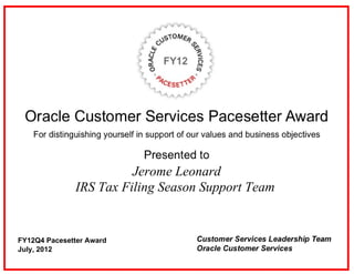 Jerome Leonard
              IRS Tax Filing Season Support Team


FY12Q4 Pacesetter Award
July, 2012
 