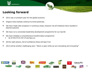 Looking forward
    2012 was a turbulent year for the global economy

    Organic food markets continue to trend positively

    We have made clear progress in numerous areas, however not all initiatives have resulted in
     desired outcome

    We have run a connected leadership development programme for our top-60

    We have initiated a comprehensive transformation programme
      As of 2014 €15 mln of savings p.a.

    All the right actions, full of confidence these will bear fruit

    2013 will be another challenging year: “Store is open while we are renovating and innovating”




                                                                                                     20
 