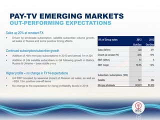 PAY-TV EMERGING MARKETS
OUT-PERFORMING EXPECTATIONS
Sales up 20% at constant FX


Driven by wholesale subscription, satellite subscriber volume growth,
ad sales in Russia and some positive timing effects

8% of Group sales

2013

2012

Oct-Dec

Oct-Dec

Continued subscription/subscriber growth

Sales (SEKm)

322

271



Addition of >8m mini-pay subscriptions in 2013 and almost 1m in Q4

Growth (at constant FX)

20%

19%



Addition of 24k satellite subscribers in Q4 following growth in Baltics,
Russia & Ukraine – base stable y-o-y

51

5

15.9%

1.9%

581

584

92,223

83,950

Higher profits – no change in FY14 expectations

EBIT (SEKm)
EBIT margin

Subscribers / subscriptions ('000)



Q4 EBIT boosted by seasonal impact of Russian ad sales, as well as
~SEK 15m positive one-off items

Satellite



No change to the expectation for rising profitability levels in 2014

Mini-pay wholesale

7

 