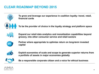 CLEAR ROADMAP BEYOND 2015
26
To grow and leverage our experience in coalition loyalty: travel, retail,
financial cards
To be the provider of choice in the loyalty strategy and platform space
Expand our retail data analytics and monetization capabilities beyond
grocery, into other consumer service and retail sectors
Partner where appropriate to optimize return on long-term invested
capital
Exploit economies of scale and scope to generate superior returns from
a portfolio of assets in major economies globally
Be a responsible corporate citizen and a voice for ethical business
 