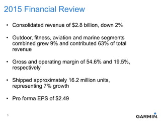 2015 Financial Review
• Consolidated revenue of $2.8 billion, down 2%
• Outdoor, fitness, aviation and marine segments
combined grew 9% and contributed 63% of total
revenue
• Gross and operating margin of 54.6% and 19.5%,
respectively
• Shipped approximately 16.2 million units,
representing 7% growth
• Pro forma EPS of $2.49
5
 