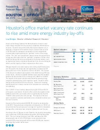Houston’s office market vacancy rate continues
to rise amid more energy industry lay-offs
Research &
Forecast Report
HOUSTON | OFFICE
Q4 2015
Lisa Bridges Director of Market Research | Houston
Known as the Energy Capital of the World, Houston is home to most
major energy companies and its economy is negatively affected by low
oil prices. Houston’s Q4 and YE 2015 office market indicators are, in
large part, a response to the dramatic drop in oil prices that occurred
in Q4 2014 and the subsequent reevaluation of and to adjustments
in growth plans implemented by the “upstream” sector of the energy
market. The “mid” and “downstream” players remain strong but tend to
occupy less office space than the “upstream” companies. Further, other
industries that provide services and goods to the energy industry, such
as engineering, finance, manufacturing and law firms, are also feeling the
effects, and the majority of these companies are office users.
Although Houston’s city-wide vacancy rate rose by only 80 basis points
over the quarter, the annual rate rose significantly, increasing by 430
basis points from 11.1% in Q4 2014 to 15.4% in Q4 2015. The increase
in the amount of sublease space placed on the market during 2015 was
a major factor. Houston’s available sublease space more than doubled
between Q4 2014 and Q4 2015, increasing from 3.8M SF to 8.0M SF.
The majority of this space was previously leased by growing energy
companies addressing their future expansion needs. Houston’s office
leasing activity declined 53.5% over the year. Tenants are renewing
existing leases, but in today’s market, more companies are contracting,
not expanding.
Over 3.2M SF of new inventory delivered during Q4 2015 and 58.3%
of the space is pre-leased. Houston’s office construction pipeline totals
8.0M SF and 64.3% is pre-leased, which is significantly less than the
17.0M SF under construction one year ago. The majority of the new
space is located in suburban submarkets and is scheduled to deliver over
the next 12 months.
Houston’s office market posted 652,900 SF of positive net absorption
in Q4 2015. This pushed year-end positive net absorption to 1.7M SF, an
annual total less than previous year’s average net “quarterly” absorption.
Average office rental rates have remained relatively flat over the year.
According to the U.S Bureau of Labor Statistics, the Houston metropolitan
area created only 23,700 jobs between November 2014 and November
2015. This is an annual increase of just 0.8%, well below the 2014
annual growth rate of 3.4% (97,500 jobs). Local economists have
predicted 2015 annual job growth will be around 20,000 jobs, however,
we believe that number will be lower.
Summary Statistics
Houston Office Market Q4 2014 Q3 2015 Q4 2015
Vacancy Rate 11.1 14.6% 15.4%
Net Absorption
(Million Square Feet)
3.0 0.5 0.7
New Construction
(Million Square Feet)
2.7 1.4 3.2
Under Construction
(Million Square Feet)
17.0 10.8 8.0
Class A Vacancy Rate
CBD
Suburban
9.9
10.2
11.2
14.6
11.1
16.0
Asking Rents
Per Square Foot Per Year
Average (all classes) $27.52 $27.62 $27.83
CBD Class A $43.01 $42.13 $42.72
Suburban Class A $32.66 $32.88 $33.02
Market Indicators
Relative to prior period
Annual
Change
Quarterly
Change
Quarterly
Forecast*
VACANCY
NET ABSORPTION
NEW CONSTRUCTION
UNDER CONSTRUCTION
*Projected
 