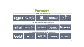 Partners
APP AND INTEGRATION PARTNERS
DESIGN AND DEVELOPMENT AGENCIES
STRATEGIC PARTNERS
11
 