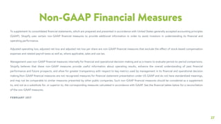 27
Non-GAAP Financial Measures
To supplement its consolidated ﬁnancial statements, which are prepared and presented in accordance with United States generally accepted accounting principles
(GAAP), Shopify uses certain non-GAAP ﬁnancial measures to provide additional information in order to assist investors in understanding its ﬁnancial and
operating performance.
Adjusted operating loss, adjusted net loss and adjusted net loss per share are non-GAAP ﬁnancial measures that exclude the effect of stock-based compensation
expenses and related payroll taxes as well as, where applicable, sales and use tax.
Management uses non-GAAP ﬁnancial measures internally for ﬁnancial and operational decision-making and as a means to evaluate period-to-period comparisons.
Shopify believes that these non-GAAP measures provide useful information about operating results, enhance the overall understanding of past ﬁnancial
performance and future prospects, and allow for greater transparency with respect to key metrics used by management in its ﬁnancial and operational decision
making.Non-GAAP ﬁnancial measures are not recognized measures for ﬁnancial statement presentation under US GAAP and do not have standardized meanings,
and may not be comparable to similar measures presented by other public companies. Such non-GAAP ﬁnancial measures should be considered as a supplement
to, and not as a substitute for, or superior to, the corresponding measures calculated in accordance with GAAP. See the ﬁnancial tables below for a reconciliation
of the non-GAAP measures.
FEBRUARY 2017
 