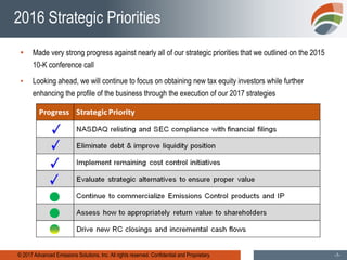 © 2017 Advanced Emissions Solutions, Inc. All rights reserved. Confidential and Proprietary. -3-
2016 Strategic Priorities
▪ Made very strong progress against nearly all of our strategic priorities that we outlined on the 2015
10-K conference call
▪ Looking ahead, we will continue to focus on obtaining new tax equity investors while further
enhancing the profile of the business through the execution of our 2017 strategies
 