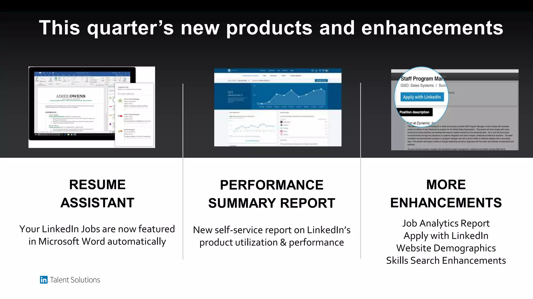This quarter’s new products and enhancements
PERFORMANCE
SUMMARY REPORT
RESUME
ASSISTANT
MORE
ENHANCEMENTS
New self-service report on LinkedIn’s
product utilization & performance
Your LinkedIn Jobs are now featured
in Microsoft Word automatically
Job Analytics Report
Apply with LinkedIn
Website Demographics
Skills Search Enhancements
 
