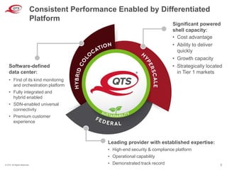 © QTS. All Rights Reserved. 3
Consistent Performance Enabled by Differentiated
Platform
Software-defined
data center:
• First of its kind monitoring
and orchestration platform
• Fully integrated and
hybrid enabled
• SDN-enabled universal
connectivity
• Premium customer
experience
Significant powered
shell capacity:
• Cost advantage
• Ability to deliver
quickly
• Growth capacity
• Strategically located
in Tier 1 markets
• High-end security & compliance platform
• Operational capability
• Demonstrated track record
Leading provider with established expertise:
 