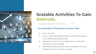 26
Scalable Activities To Gain
Referrals
Incorporate These Into Your Process
● Ask for referrals!
● Use your CRM, Email Marketing Platform, or Project Management
Tool to identify referral opportunities
● Identify when in your process it’s appropriate to ask for both a
referral and a review on Google
● Utilize the personalization tools in your Email platform to create a
template that doesn’t sound like a template
You Miss 100% Of The Shots You Don’t Take
 