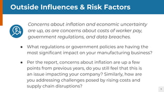 7
Outside Inﬂuences & Risk Factors
Concerns about inﬂation and economic uncertainty
are up, as are concerns about costs of worker pay,
government regulations, and data breaches.
● What regulations or government policies are having the
most signiﬁcant impact on your manufacturing business?
● Per the report, concerns about inﬂation are up a few
points from previous years, do you still feel that this is
an issue impacting your company? Similarly, how are
you addressing challenges posed by rising costs and
supply chain disruptions?
 