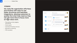 Organize
•
•
•
•
•
File naming, sorting, tagging,
and starring
Smart-search
Automatic file backup and sync
Microsoft co-authoring
PDF annotation
Business Overview
We make file organization effortless
and intuitive with easy-to-use
folder structures and seamless
integrations, allowing customers to
quickly find what they need so they
can get more time to focus more
on high-value work.
Dropbox Today
11
11
 