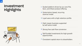 1 Scaled platform driven by our core File,
Sync, and Share product offering
2 Subscription-based, recurring
revenue model
3 Loyal users with a high retention profile
4 High margin business supported
by self-serve model
5 Strong free cash flow conversion
6
Self-funded investments for high-growth
opportunities
7 Consistent capital return to shareholders
Investment
Highlights
4
 