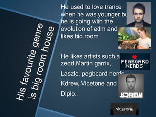 He used to love trance
when he was younger but
he is going with the
evolution of edm and now
likes big room.
He likes artists such as
zedd,Martin garrix,
Laszlo, pegboard nerds,
Kdrew, Vicetone and
Diplo.
 